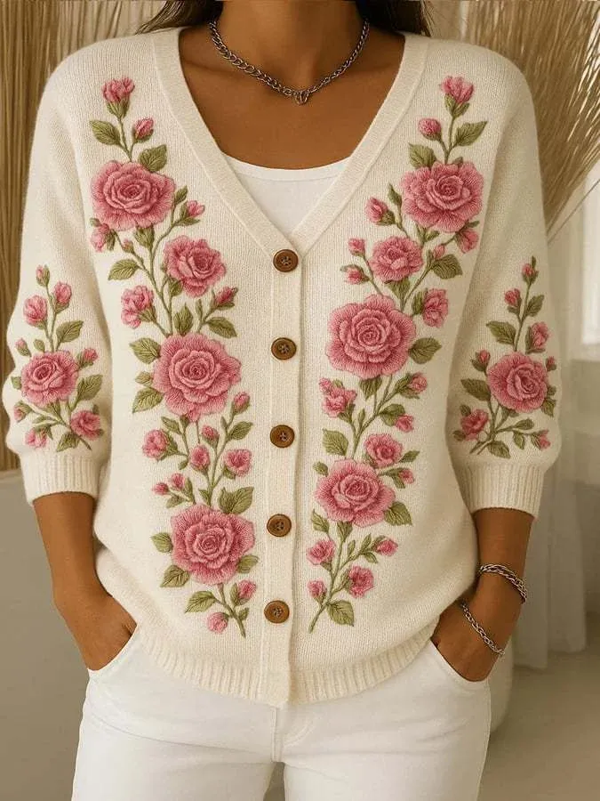 Elegant Women’s Cotton V-Neck Cardigan with 3D Floral Pattern