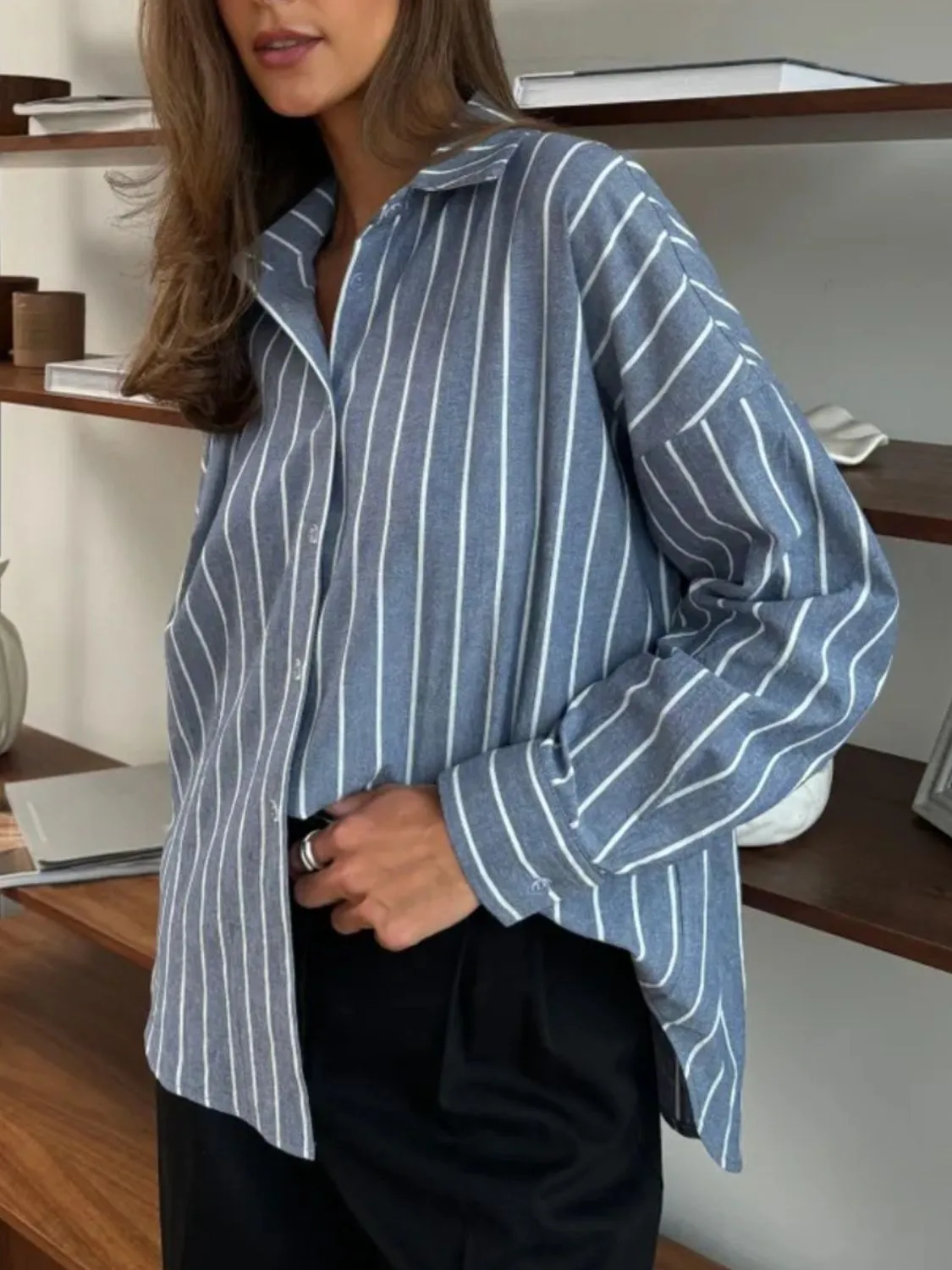 Striped Collared Neck Long Sleeve Shirt