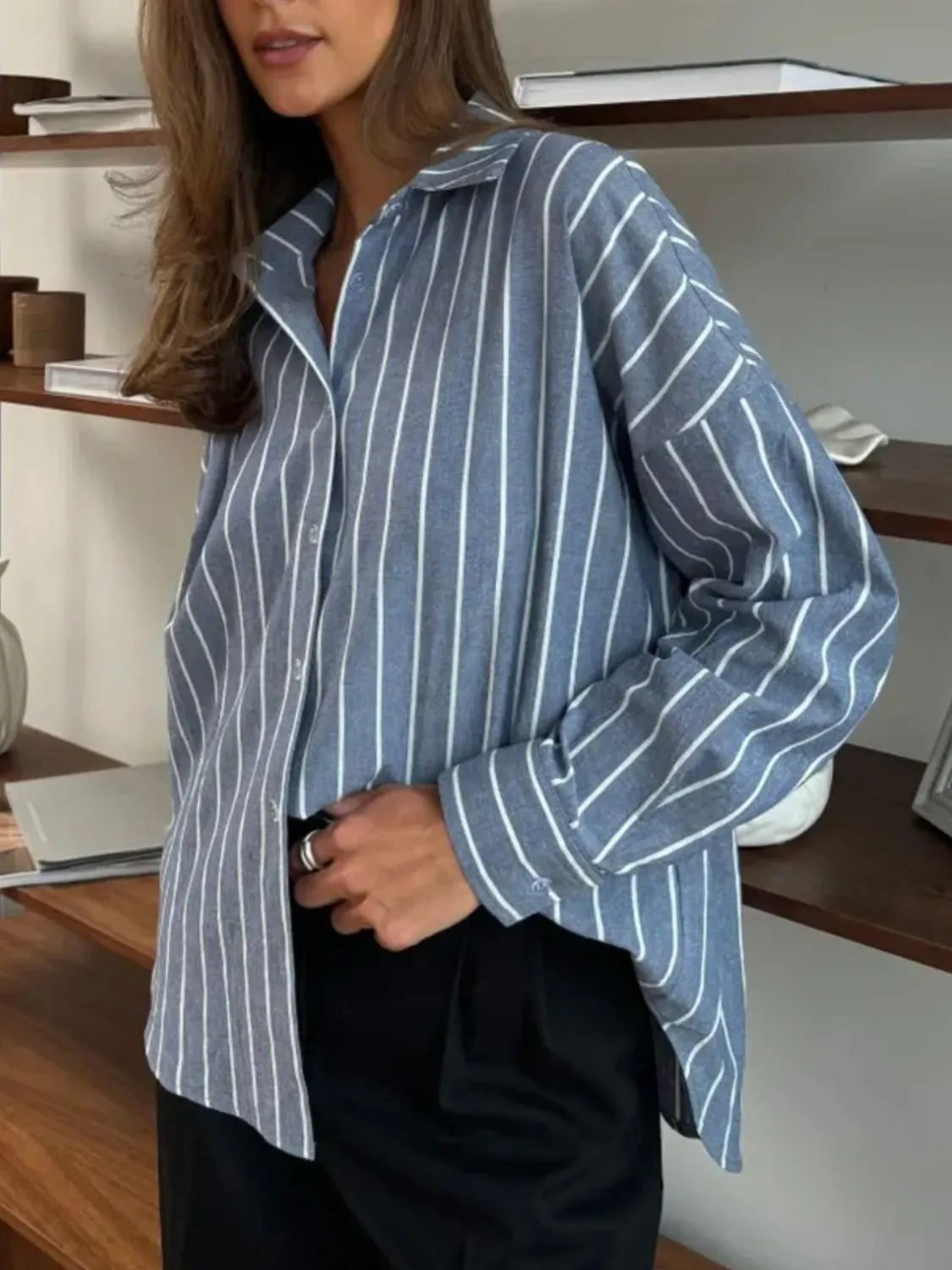 Striped Collared Neck Long Sleeve Shirt