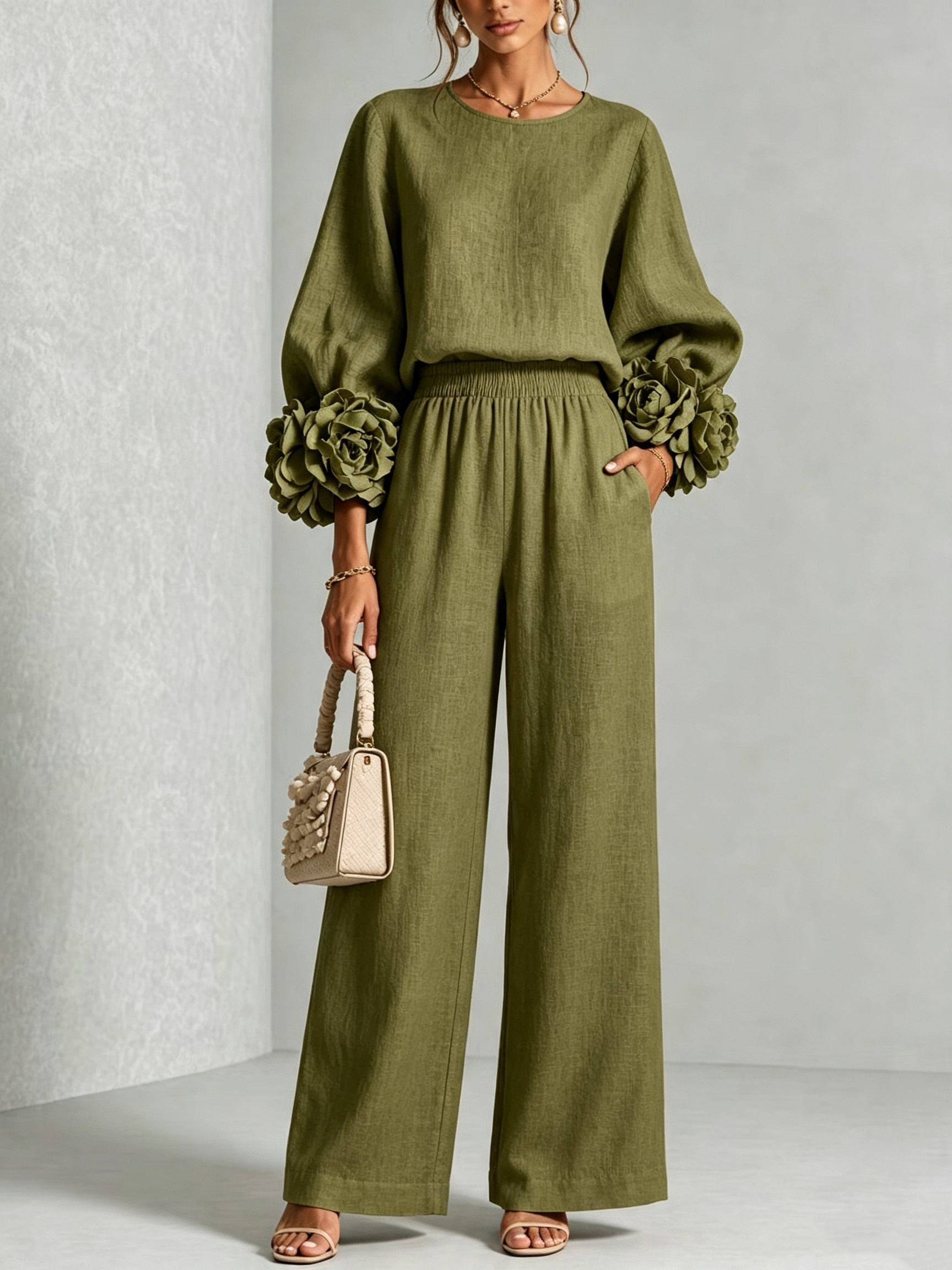 Women 3D Floral Cuff Linen Two‑Piece Outfit, Long Sleeve Blouse & Elastic Waist Wide Leg Pants Set