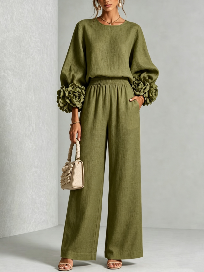 Women 3D Floral Cuff Linen Two‑Piece Outfit, Long Sleeve Blouse & Elastic Waist Wide Leg Pants Set