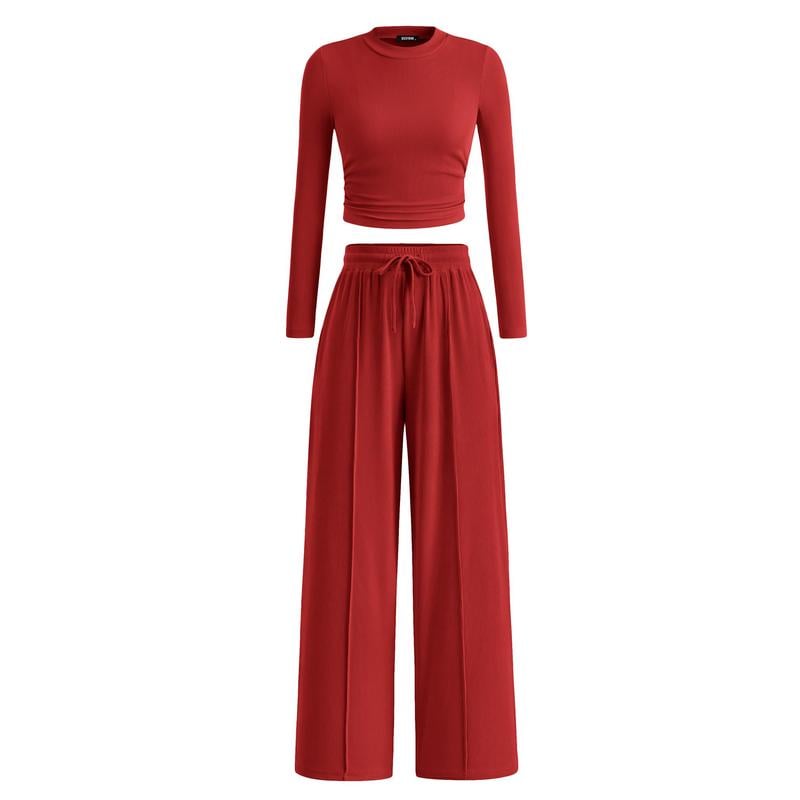 Woman's 2-Piece Ribbed Knit Long Sleeve Crop Top Wide Leg Pants Matching Lounge Set Loungewear[Buy 2 Free Shipping]