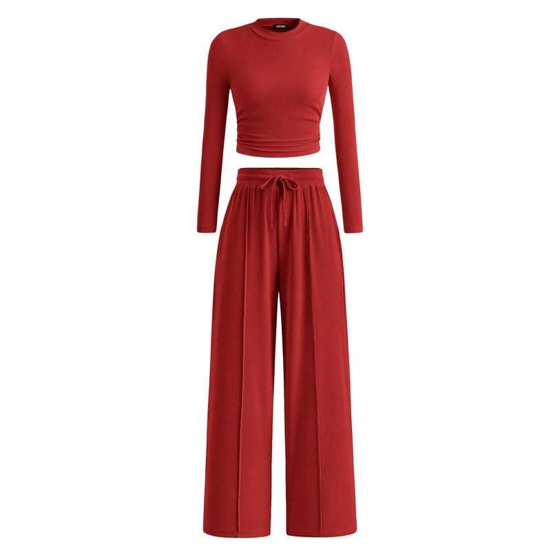 Woman's 2-Piece Ribbed Knit Long Sleeve Crop Top Wide Leg Pants Matching Lounge Set Loungewear[Buy 2 Free Shipping]