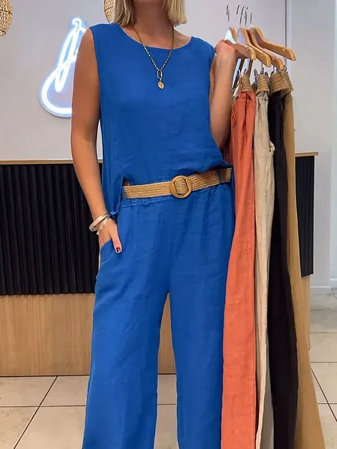 Women's Casual Solid Color Round Neck Vest Trousers Cotton and Linen Two-piece Set