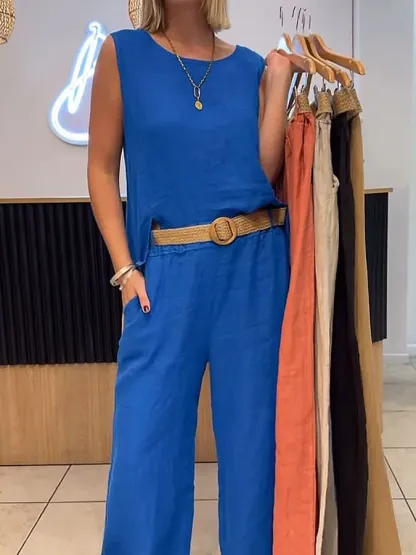 Women's Casual Solid Color Round Neck Vest Trousers Cotton and Linen Two-piece Set