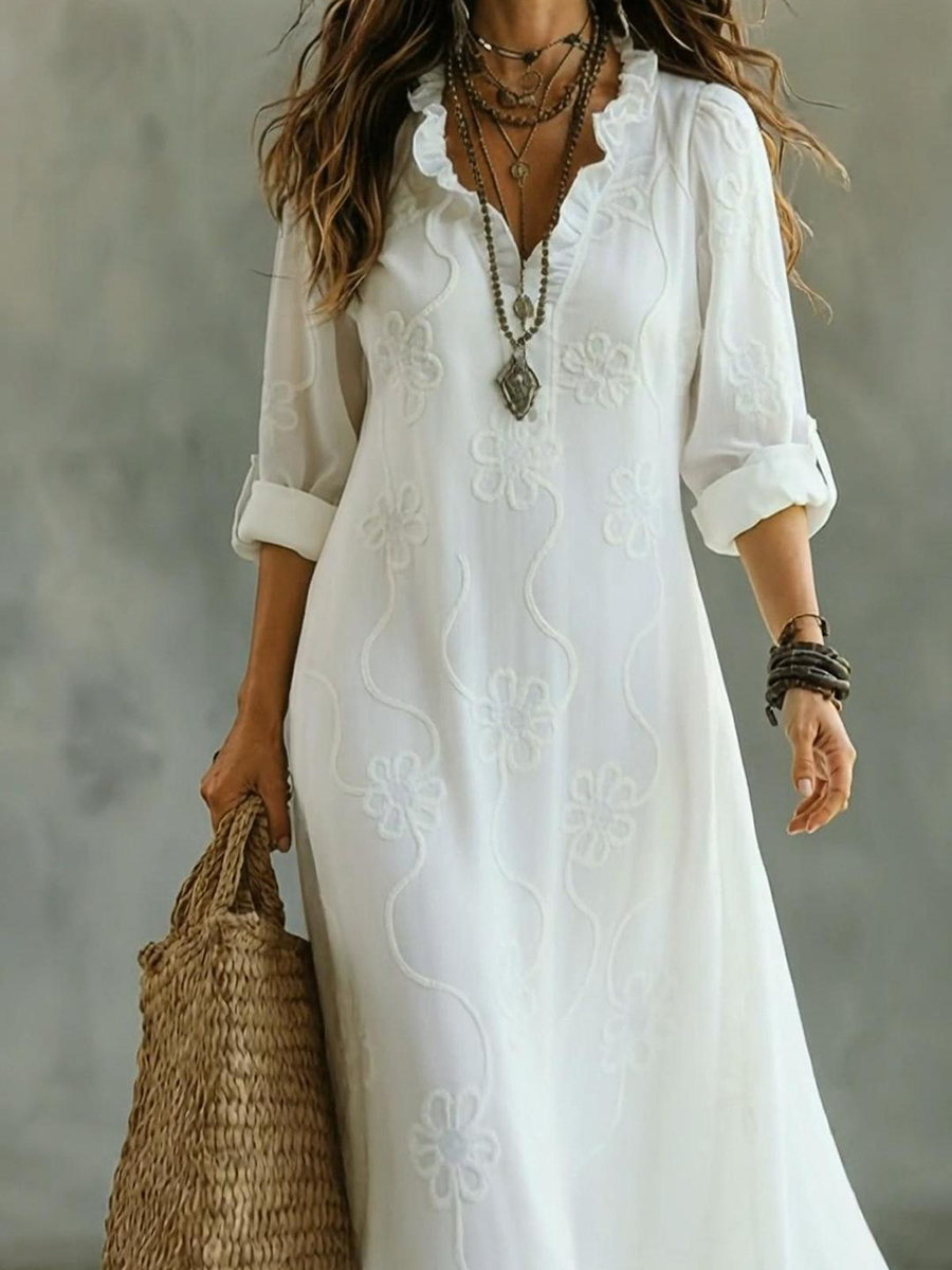 Women Elegant Ruffled Collar Floral A-line Dress