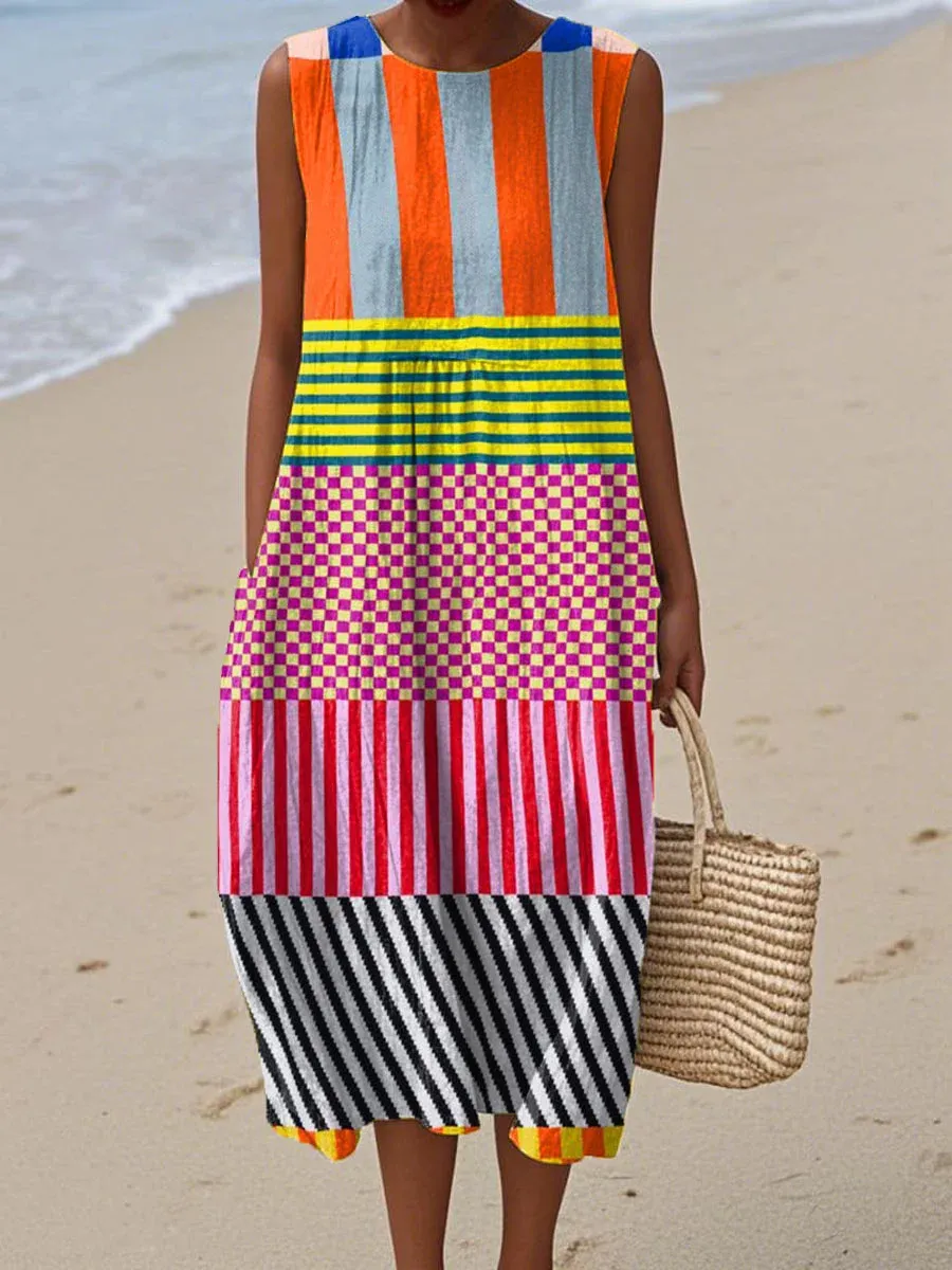 Women's Vintage Abstract Geometric Art Print Sleeveless Cotton Pocket Wrap Dress-Series3