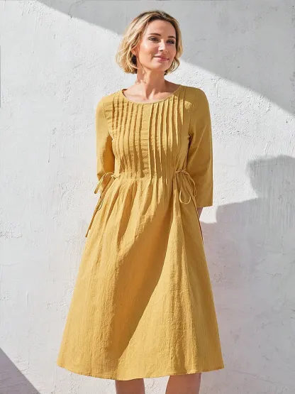 Women's Solid Color Round Neck Three-quarter Sleeve Drawstring Casual Cotton and Linen Dress