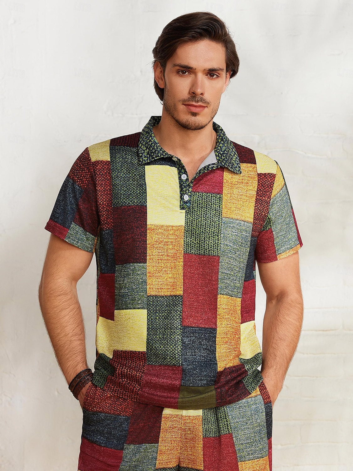 Men's Plaid Waffle Polo Shirts Golf Shirt Short Sleeve Polo Shirts Collared Shirts Vintage Casual Vacation Wear Formal Wear Festival Wear Buttons 3D Print Light Yellow Crystal / Orange Yellow 2025 - $22.99 &ndash;P2