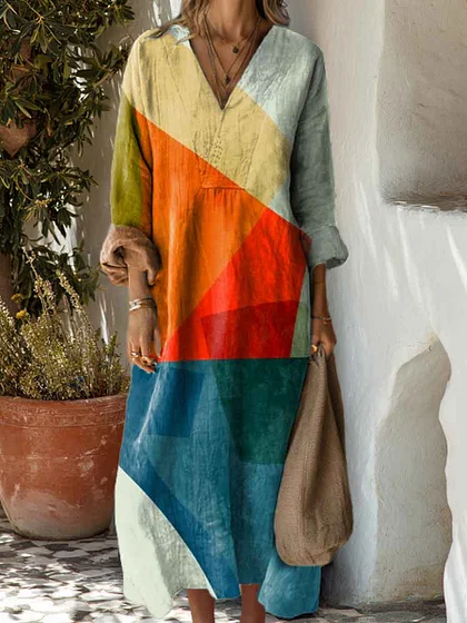 Women's Cotton linen Abstract Geometric Pattern Art Print Dress