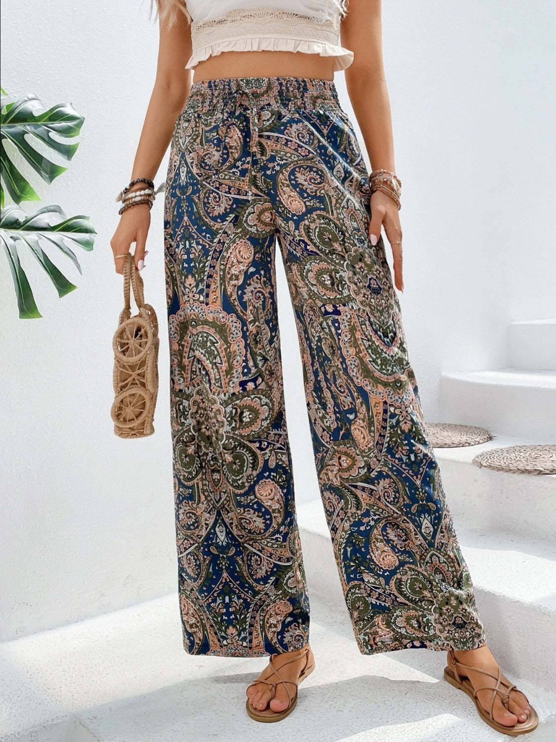 Vintage Print Wide-Leg Pants for Women - Casual Spring/Summer Style