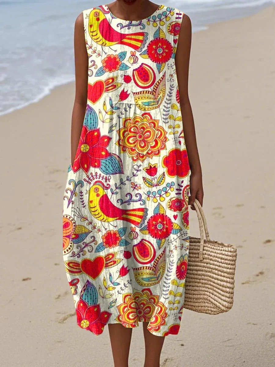 Women's Vintage Abstract Geometric Art Print Sleeveless Cotton Pocket Wrap Dress-Series3