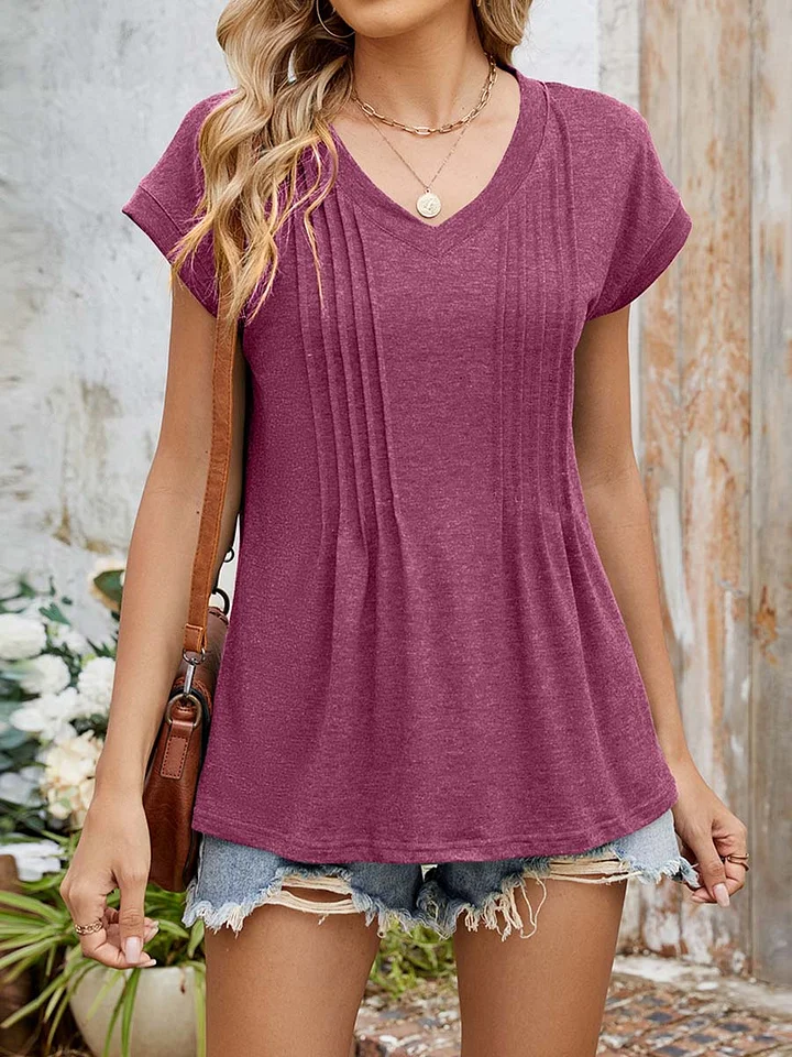 Women's Solid Color V-Neck Short Sleeve Casual Loose Cotton Top