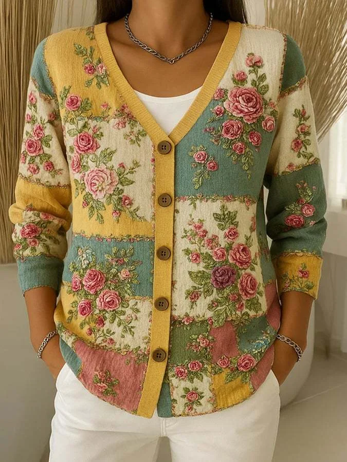 Elegant Women’s Cotton V-Neck Cardigan with 3D Floral Pattern