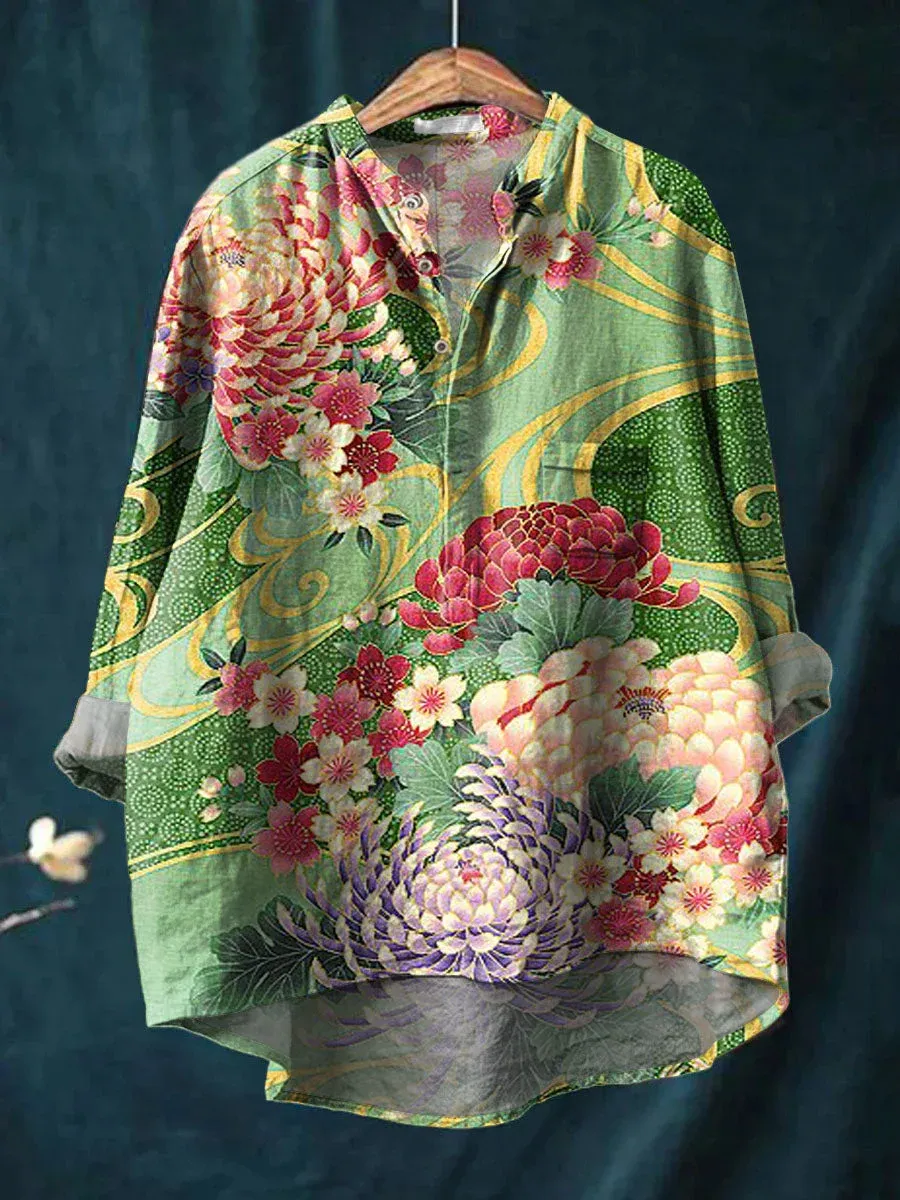 Women's Vintage Art Print Casual Long Sleeve Comfortable Cotton Shirt