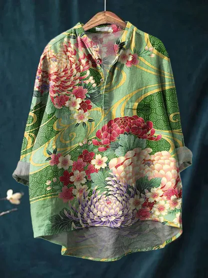 Women's Vintage Art Print Casual Long Sleeve Comfortable Cotton Shirt