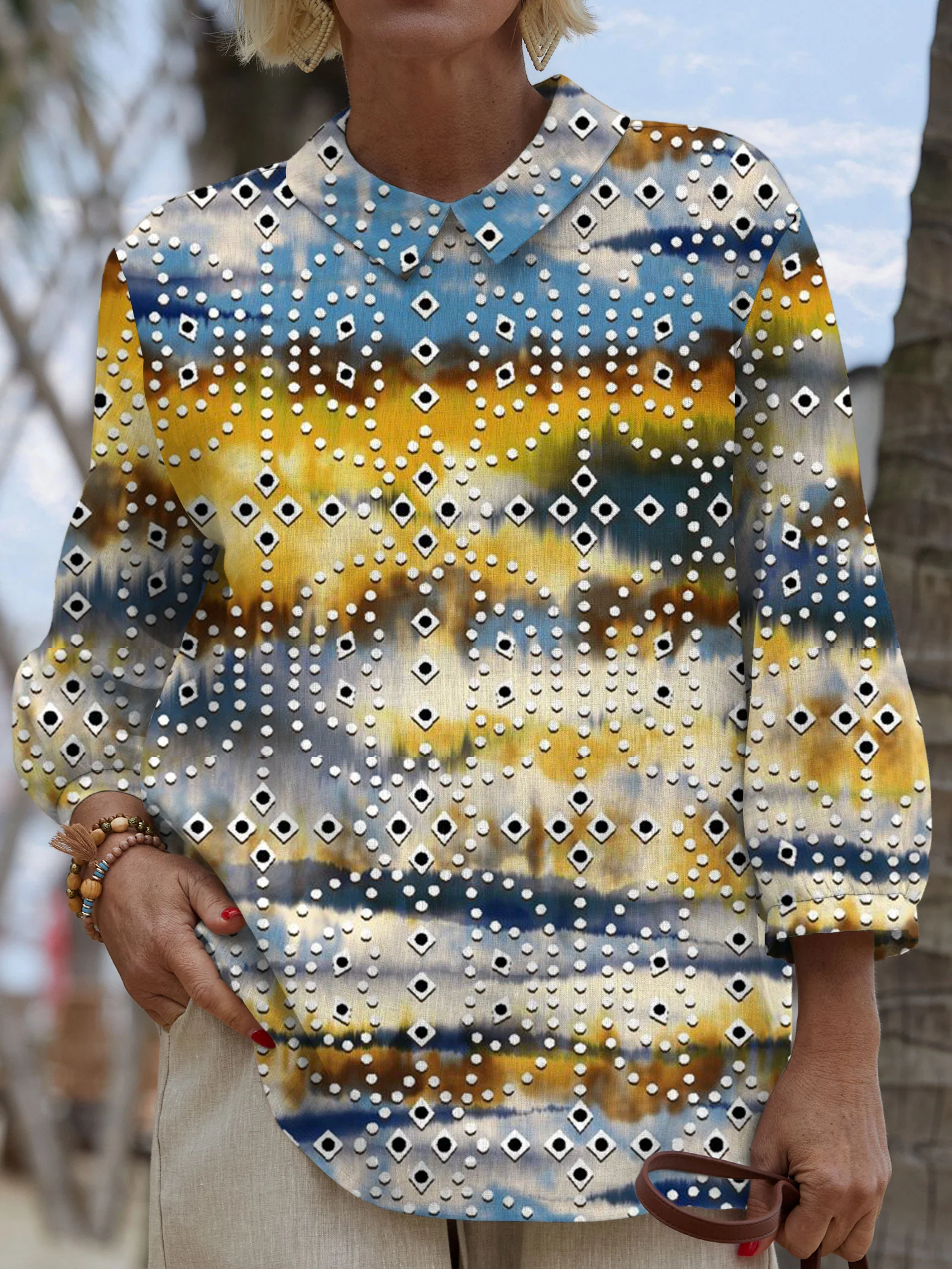 Women's Vintage Flower Art Print Casual Cotton And Linen 3/4 Sleeve Shirt