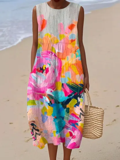 Women's Vintage Abstract Geometric Art Print Sleeveless Cotton Pocket Wrap Dress