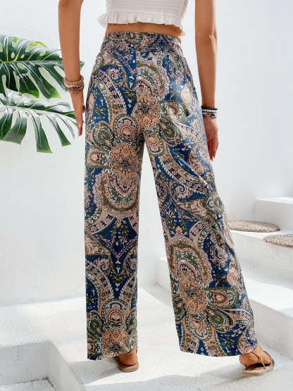 Vintage Print Wide-Leg Pants for Women - Casual Spring/Summer Style