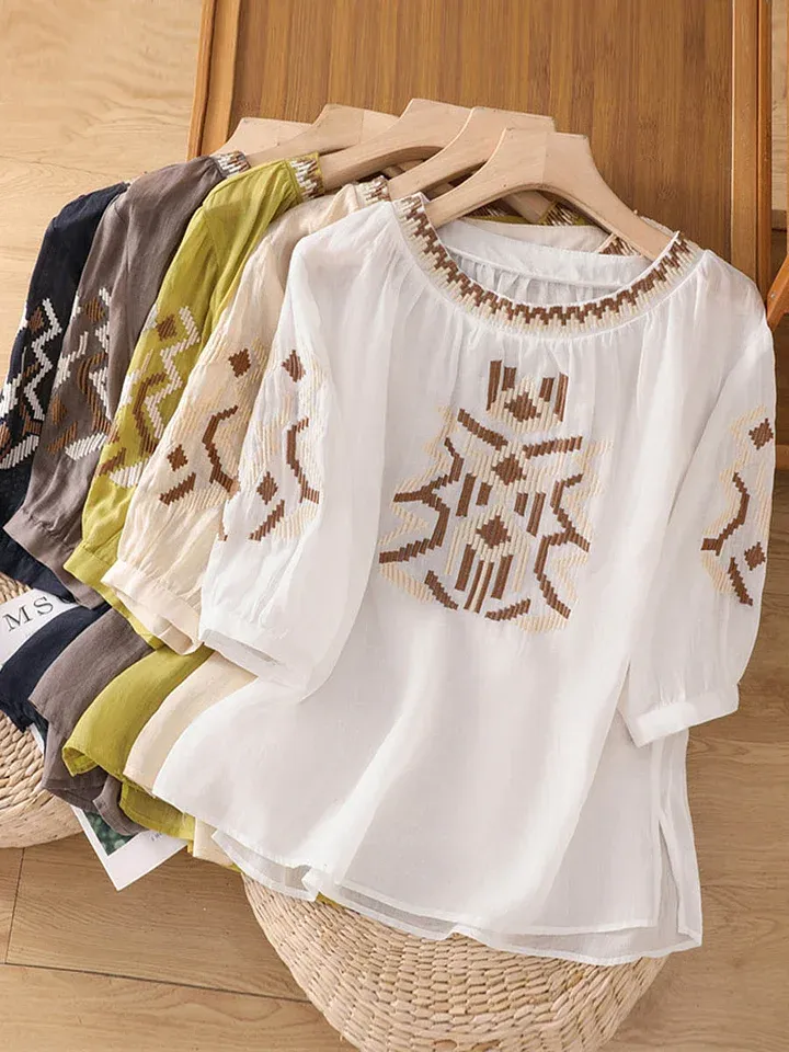Women's Retro Round Neck 3/4 Sleeves Heavy Embroidery Casual Cotton and Linen Tops