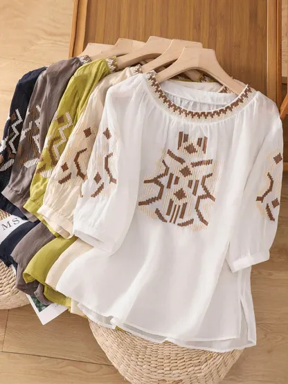 Women's Retro Round Neck 3/4 Sleeves Heavy Embroidery Casual Cotton and Linen Tops