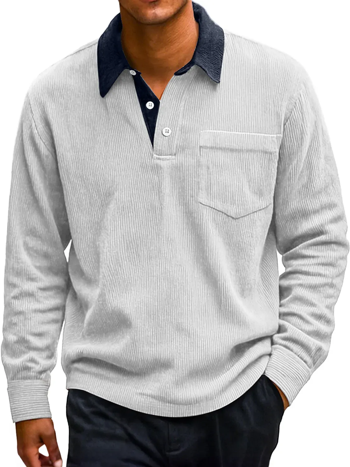 Men's Retro Corduroy Lapel Colorblock Casual Long-sleeved Polo Shirt