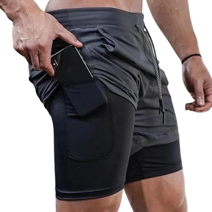 Men's 2 in 1 Stretch Active Quick Dry Gym Running Shorts With Liner