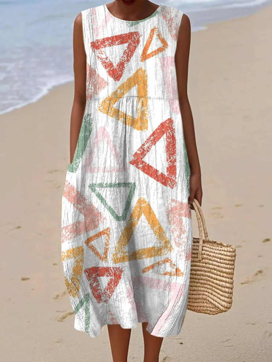 Women's Vintage Abstract Geometric Art Print Sleeveless Cotton Pocket Wrap Dress