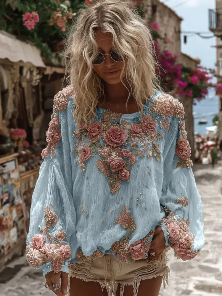 Women's Vintage Pink Rose Embroidery Casual Crew Neck Shirt