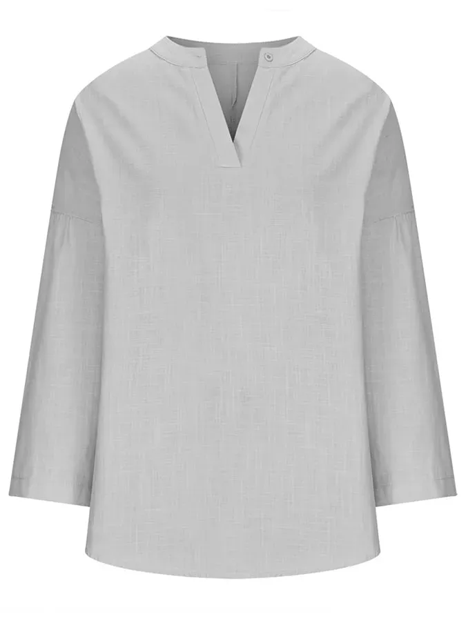 Women's Cotton Long Sleeve Round Neck Solid Color Loose Beach Shirt