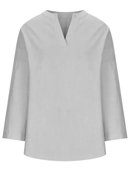 Women's Cotton Long Sleeve Round Neck Solid Color Loose Beach Shirt