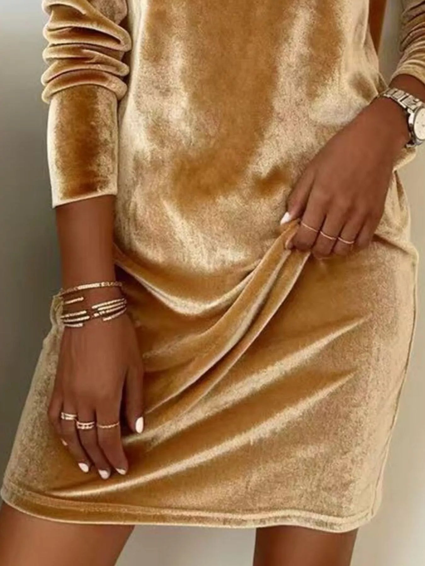 Elegant Velvet Cowl Neck Long Sleeve Mini Dress