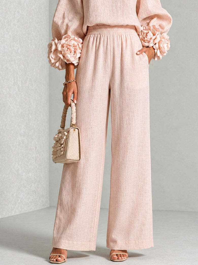 Women 3D Floral Cuff Linen Two‑Piece Outfit, Long Sleeve Blouse & Elastic Waist Wide Leg Pants Set