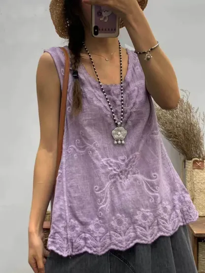 Women's Round Neck Sleeveless Casual Cotton And Linen Embroidered Top