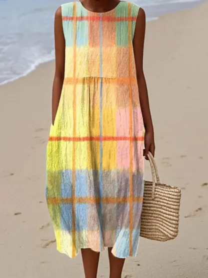 Women's Vintage Abstract Geometric Art Print Sleeveless Cotton Pocket Wrap Dress-Series4