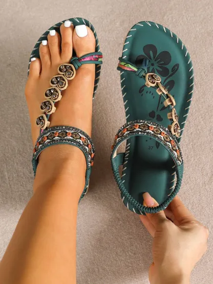Toe Loop PU Leather Flats Sandals