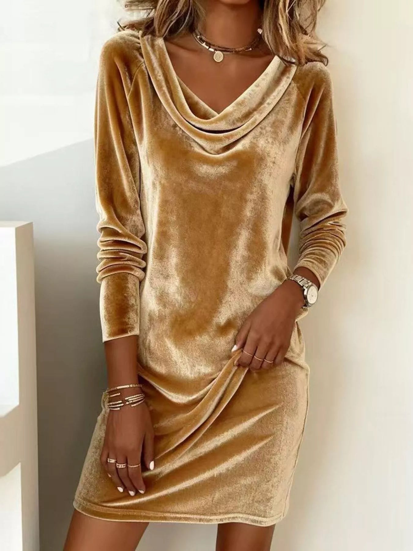 Elegant Velvet Cowl Neck Long Sleeve Mini Dress