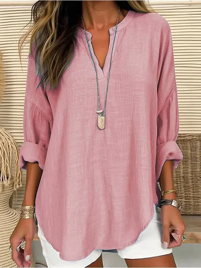 Women's Cotton Long Sleeve Round Neck Solid Color Loose Beach Shirt
