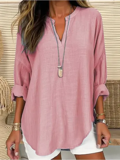 Women's Cotton Long Sleeve Round Neck Solid Color Loose Beach Shirt