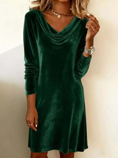  Elegant Velvet Cowl Neck Long Sleeve Mini Dress
