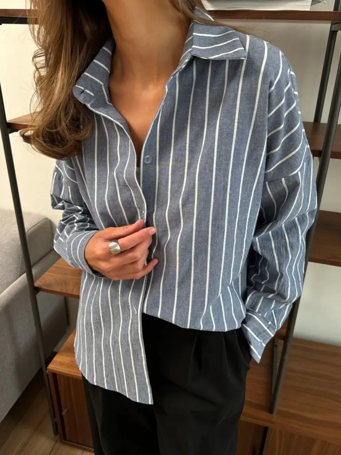 Striped Collared Neck Long Sleeve Shirt