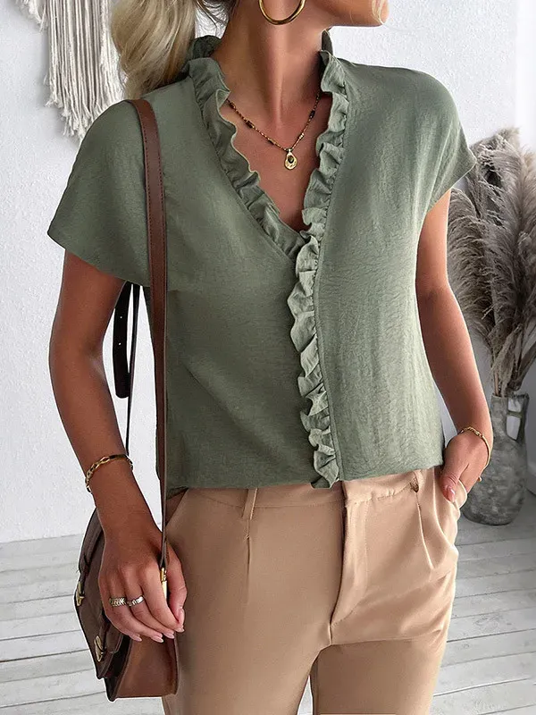 Ruffle Trim Solid Color Loose Short Sleeves V-Neck Blouses&Shirts Tops