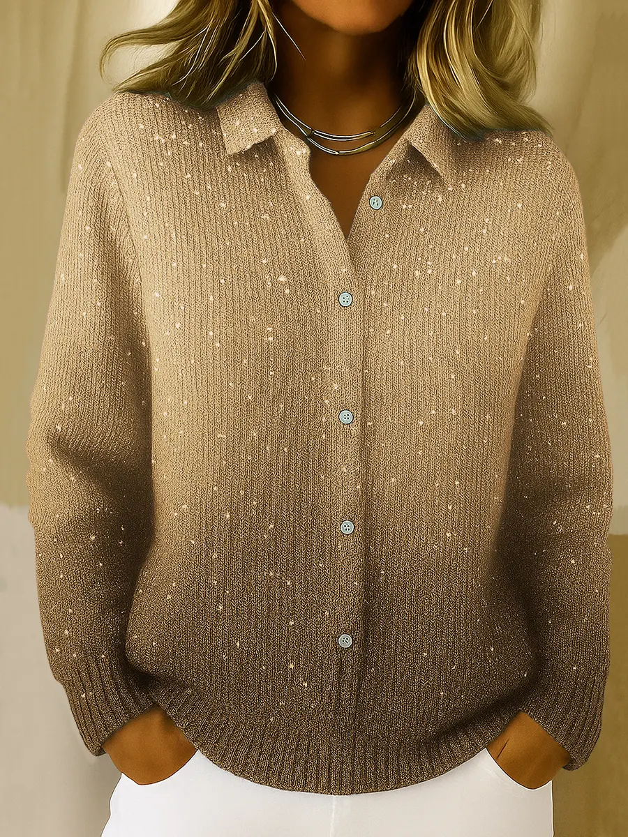 Women's Gradient Print Collared Long Sleeve Casual Loose Sequined Knit Cardigan