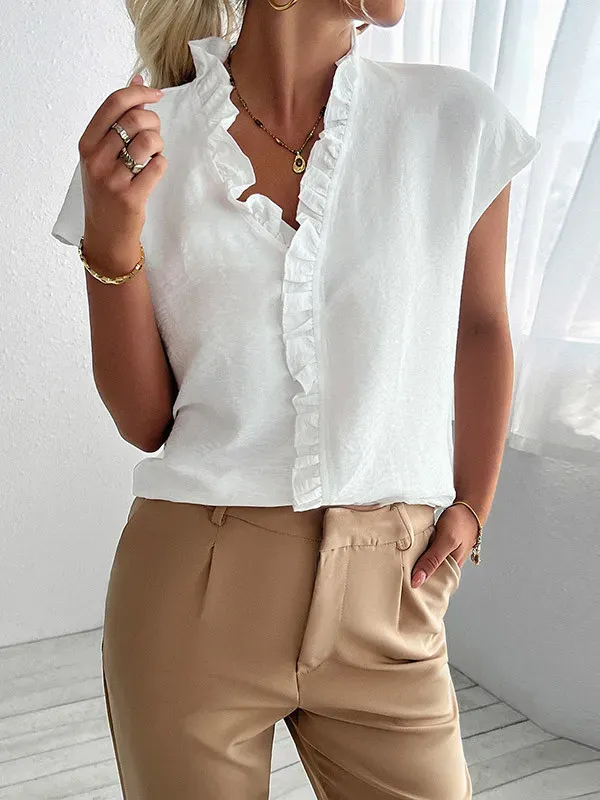 Ruffle Trim Solid Color Loose Short Sleeves V-Neck Blouses&Shirts Tops