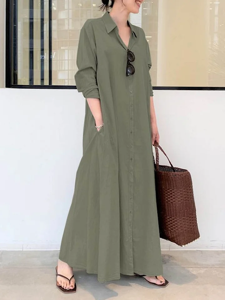 Women's Summer Solid Color Casual Loose Elegant V-Neck Cotton And Linen Pocket Shirt Dress