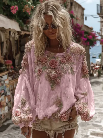 Women's Vintage Pink Rose Embroidery Casual Crew Neck Shirt