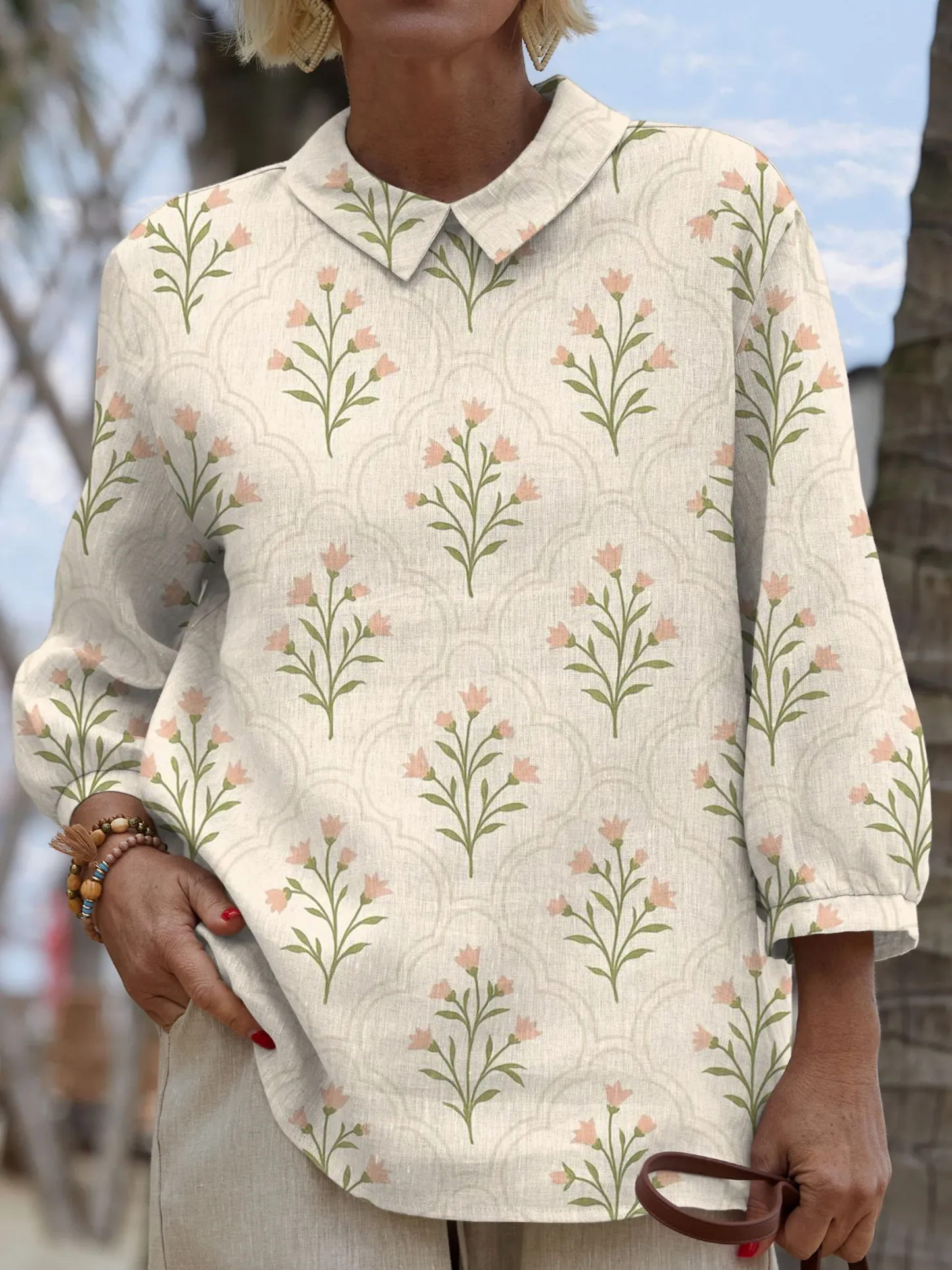 Women's Vintage Flower Art Print Casual Cotton And Linen 3/4 Sleeve Shirt