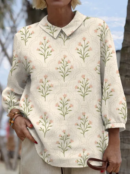Women's Vintage Flower Art Print Casual Cotton And Linen 3/4 Sleeve Shirt