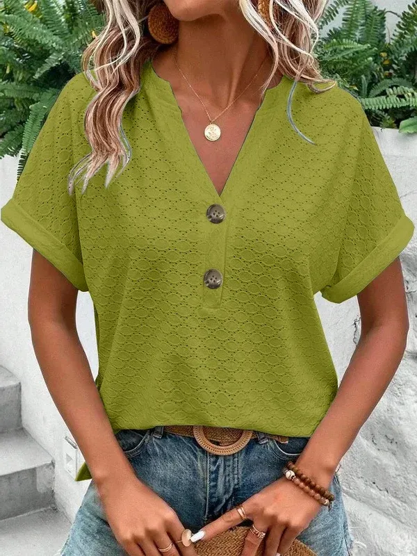 Women's Short Sleeve T-shirt Summer Yellow Plain Buckle V Neck Daily Going Out Casual Top