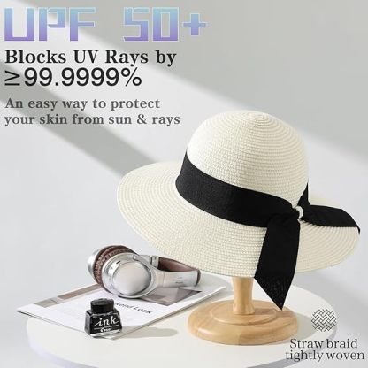 Beach Sun Straw Hats for Women, UPF 50+ UV Sun Protection Wide Brim Summer Straw Hat Foldable Packable Roll up Cap
